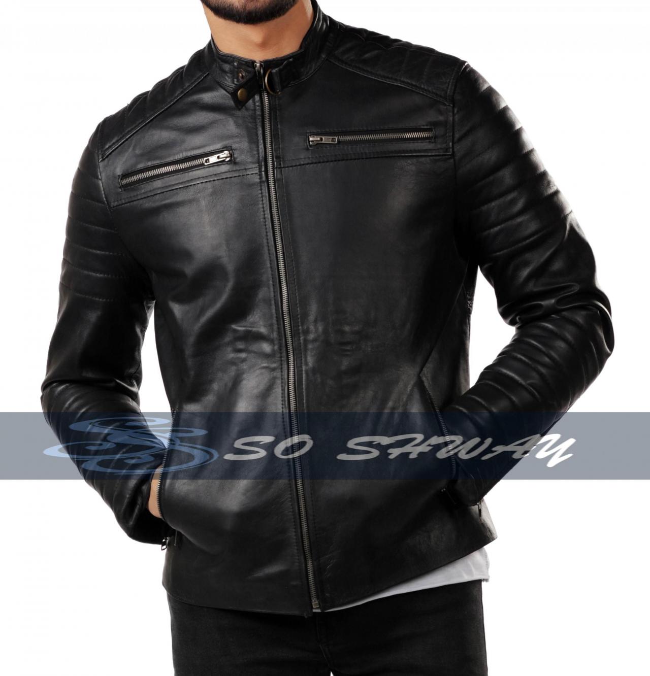 Mens Motorcycle Genuine Lambskin Leather Jacket Black Slim Fit Biker Jacket