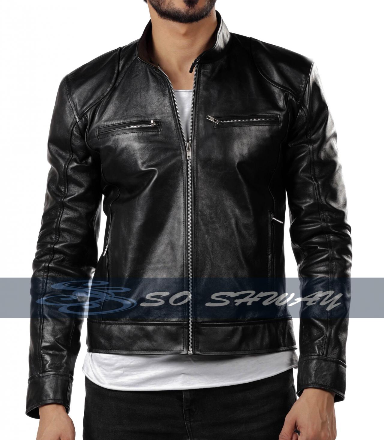 Mens Genuine Sheepskin Black Leather Motorcycle Slim Fit Jacket Bomber Biker Jacket
