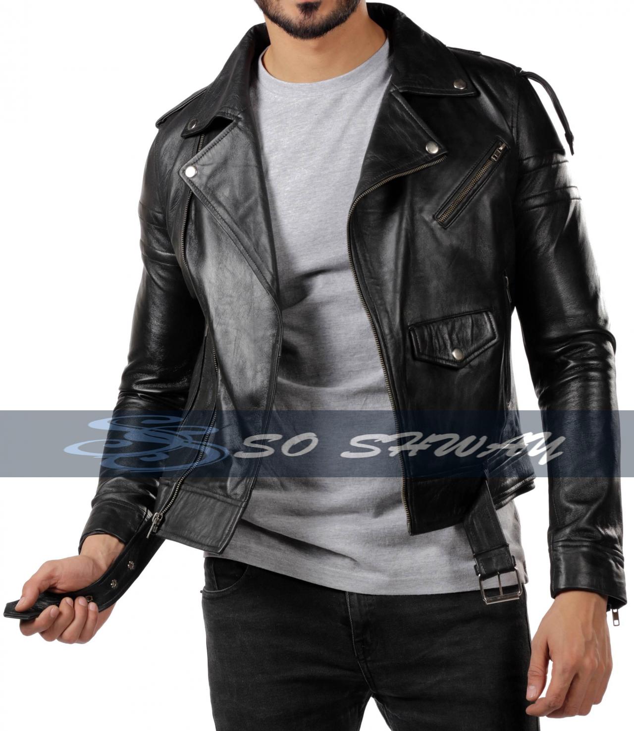 Mens Black Biker Motorcycle Vintage Genuine Sheepskin Leather Jacket
